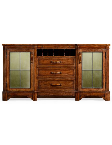 Breakfronts & China Cabinets Plank walnut low cabinet & wine rack with strap handles.