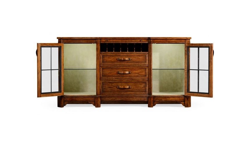 Breakfronts & China Cabinets Plank walnut low cabinet & wine rack with strap handles.