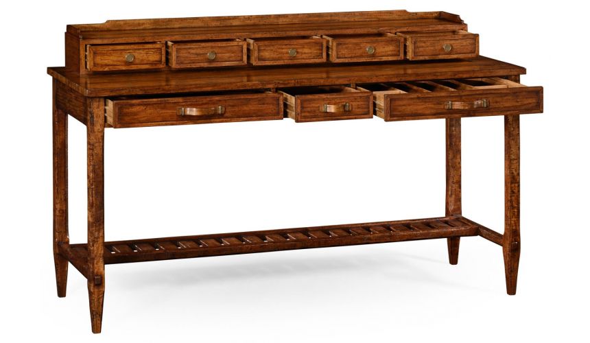 Breakfronts & China Cabinets Plank walnut sideboard with strap handles.