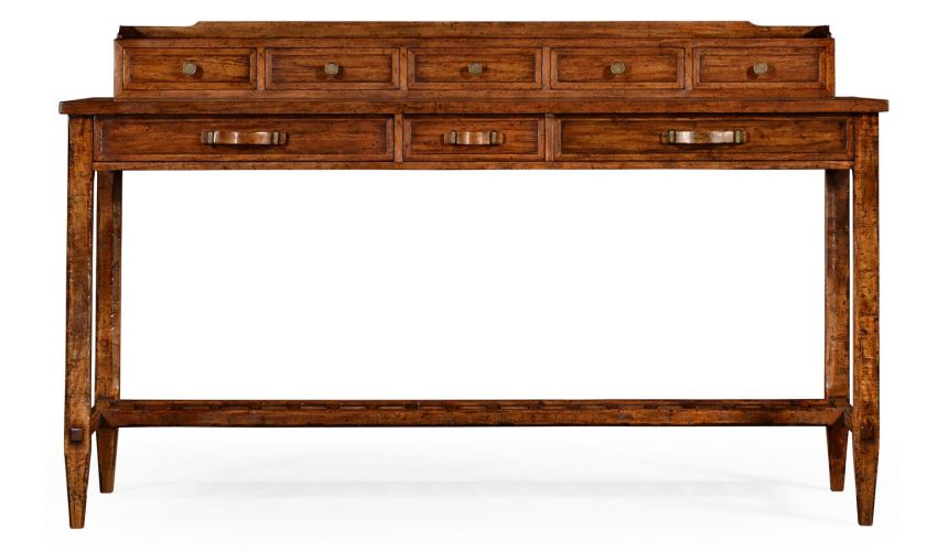 Breakfronts & China Cabinets Plank walnut sideboard with strap handles.