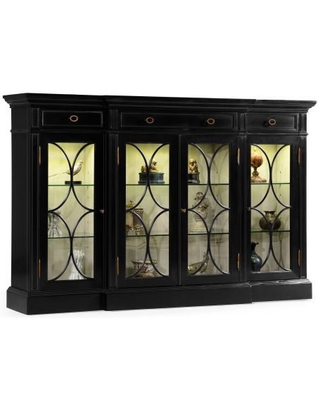 Black display cabinet with circular pattern door