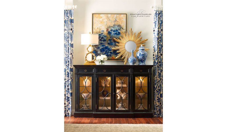 Breakfronts & China Cabinets Black display cabinet with circular pattern door