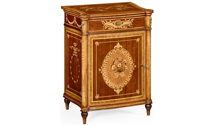 Square & Rectangular Side Tables Fine mahogany bedside cabinet with floral marquetry inlays (Left)