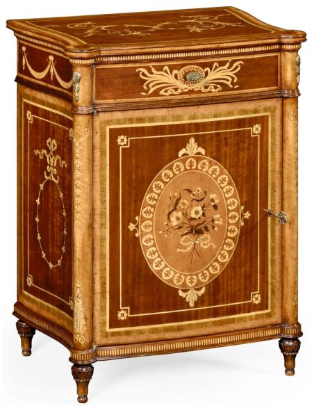 Fine mahogany bedside cabinet with floral marquetry inlays (Left)