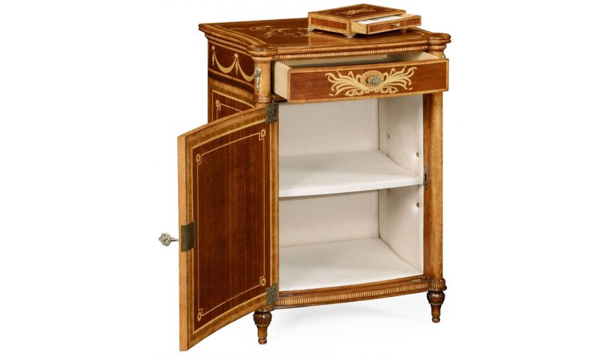 Square & Rectangular Side Tables Fine mahogany bedside cabinet with floral marquetry inlays (Left)