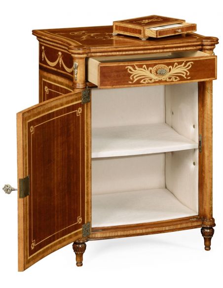 Square & Rectangular Side Tables Fine mahogany bedside cabinet with floral marquetry inlays (Left)