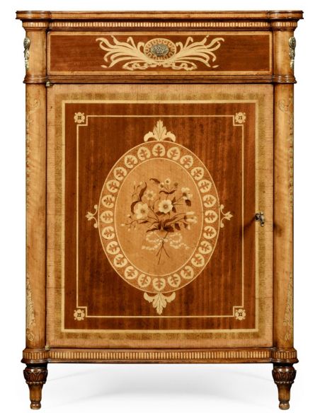 Square & Rectangular Side Tables Fine mahogany bedside cabinet with floral marquetry inlays (Left)