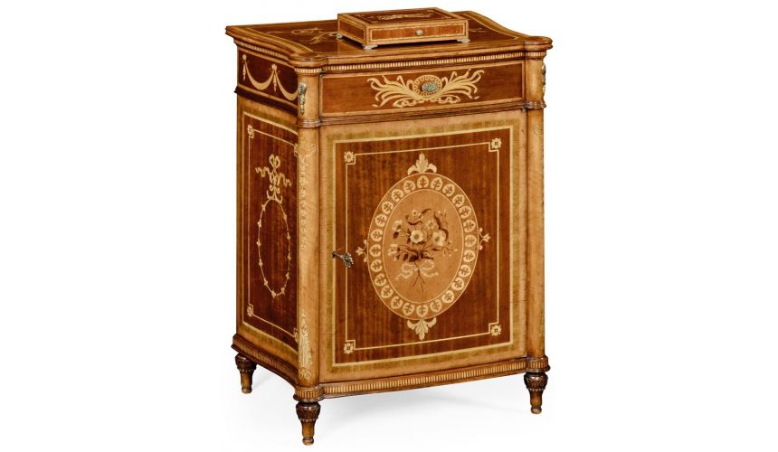Square & Rectangular Side Tables Fine mahogany bedside cabinet with floral marquetry inlays (Right)