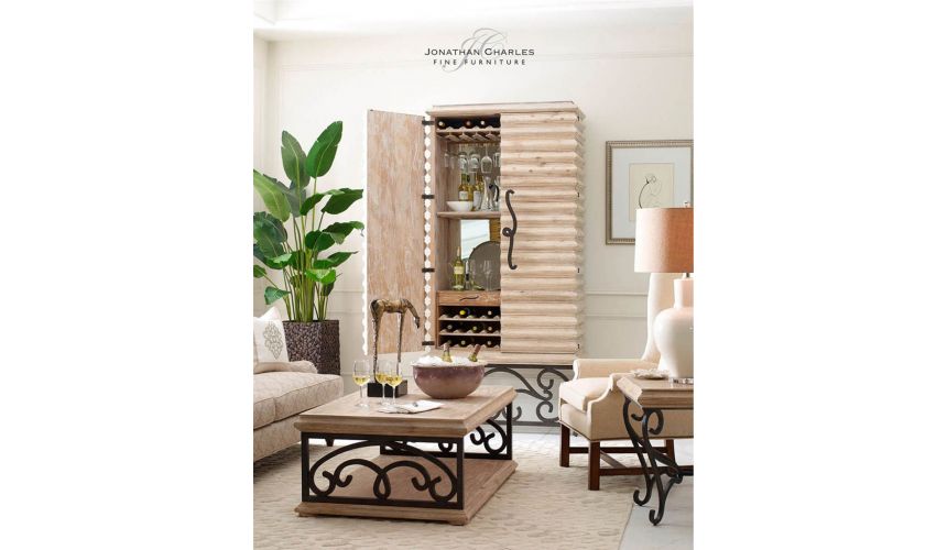 Home Bar Furniture Limed wood wine cabinet with wrought iron base