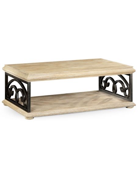 White washed wood coffee table with wrought iron sides