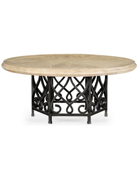 Wood table with black wrought iron base