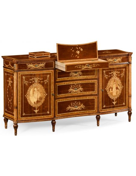 Breakfronts & China Cabinets Fine mahogany sideboard with pictorial marquetry of Paris