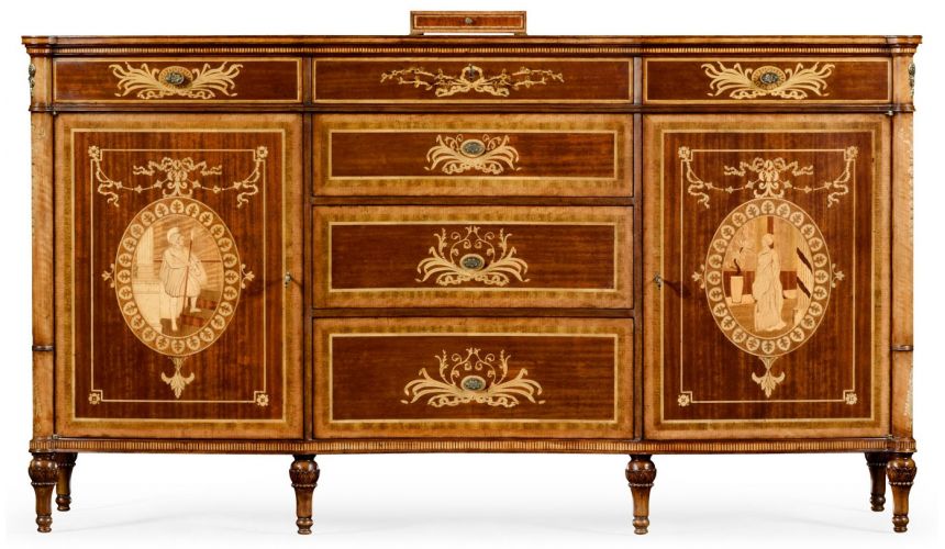 Breakfronts & China Cabinets Fine mahogany sideboard with pictorial marquetry of Paris