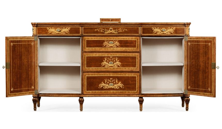 Breakfronts & China Cabinets Fine mahogany sideboard with pictorial marquetry of Paris