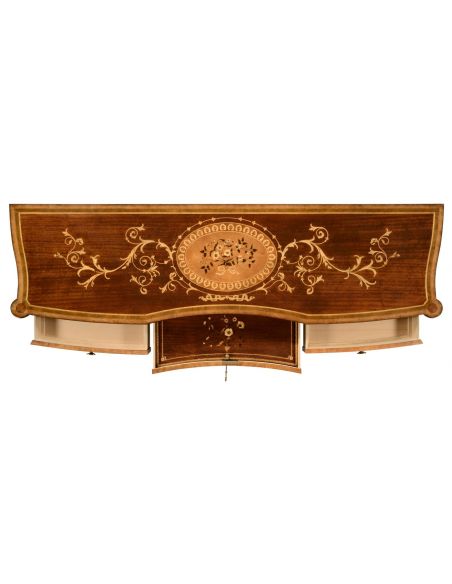 Breakfronts & China Cabinets Fine mahogany sideboard with pictorial marquetry of Paris
