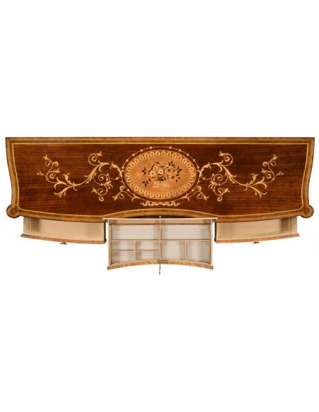 Breakfronts & China Cabinets Fine mahogany sideboard with pictorial marquetry of Paris
