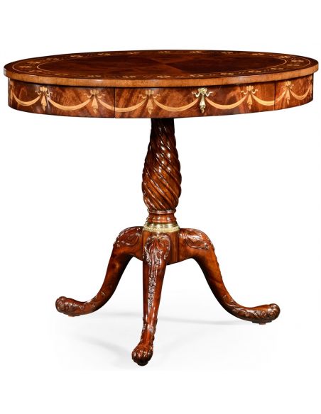 Oval mahogany lamp table with gold inlay