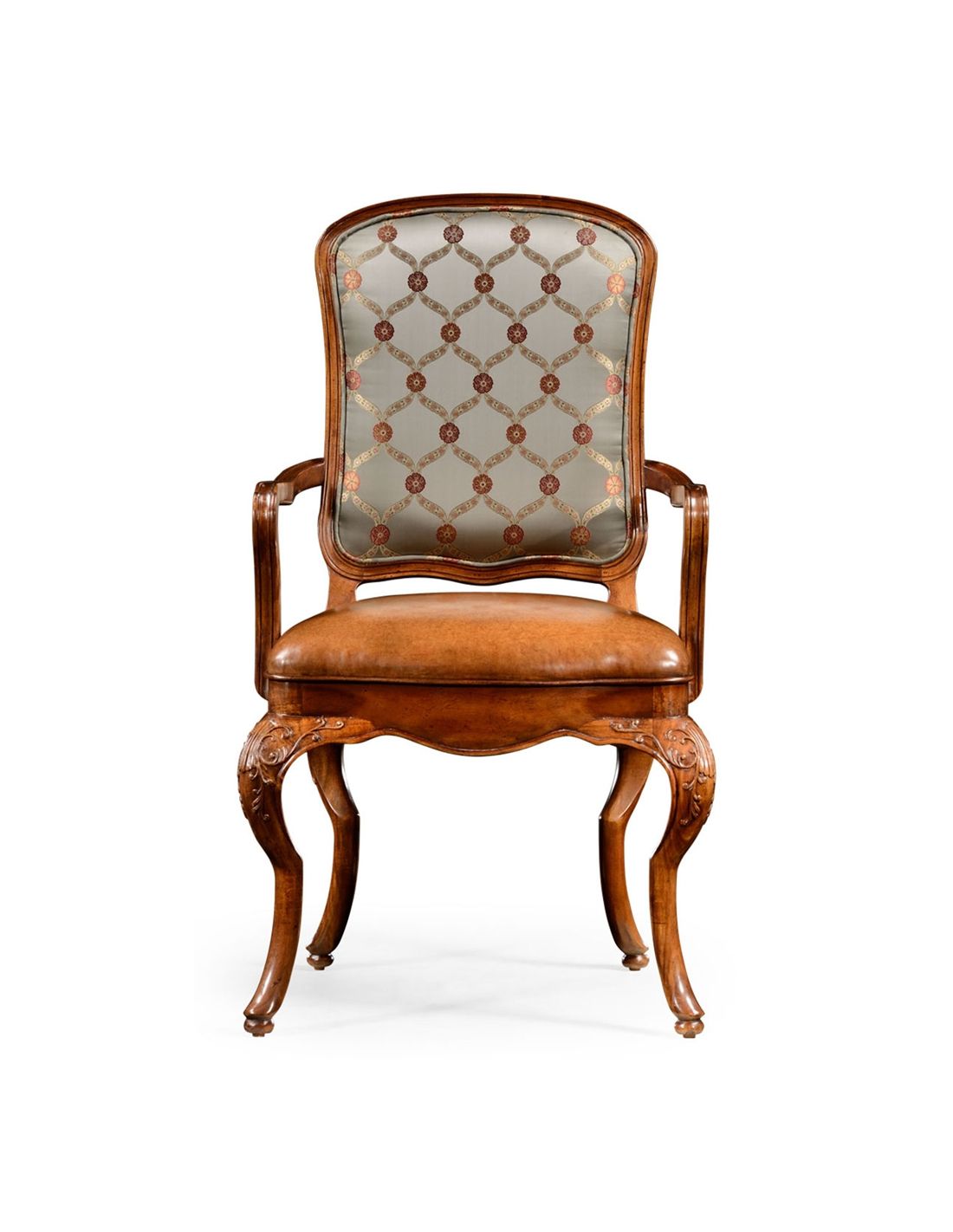 French Louis XV Carved Walnut Cabriole Leg Leather Upholstered