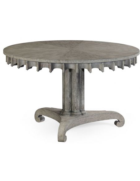 Stylish round dining or foyer center table. gray driftwood color oak