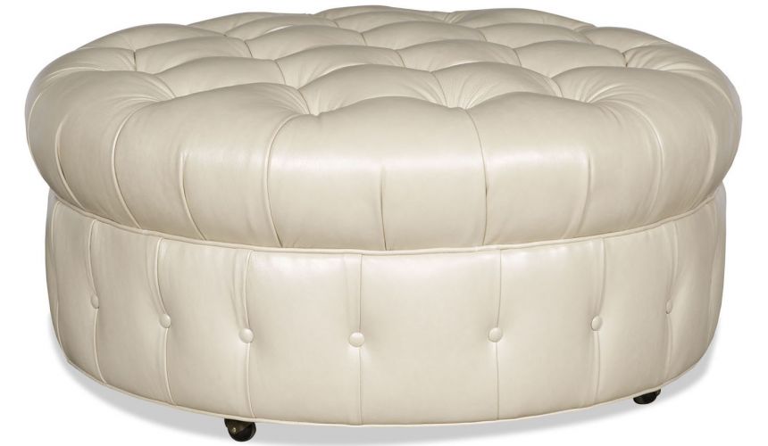 Tufted Round Leather Ottoman, Tufted Round Leather Ottoman
