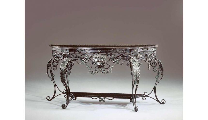 Console & Sofa Tables French bronze style, wrought iron, brass engraved console table.