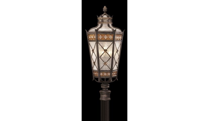 Lighting Post mount of solid brass featuring a variegated rich umber patina
