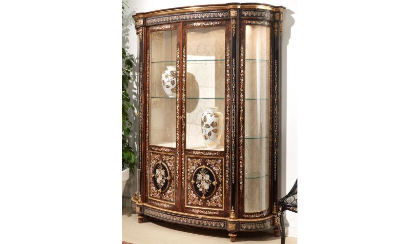 Breakfronts & China Cabinets 11 Venetian style large display case. Mother of pearl flower inlays.