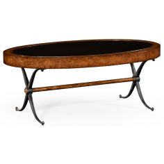 Coffee Tables Hammered iron and burr oval coffee table.