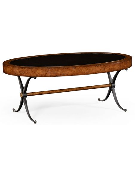 Hammered iron and burr oval coffee table.