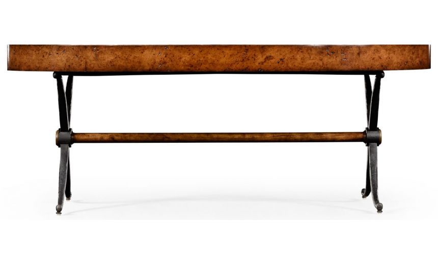 Coffee Tables Hammered iron and burr oval coffee table.