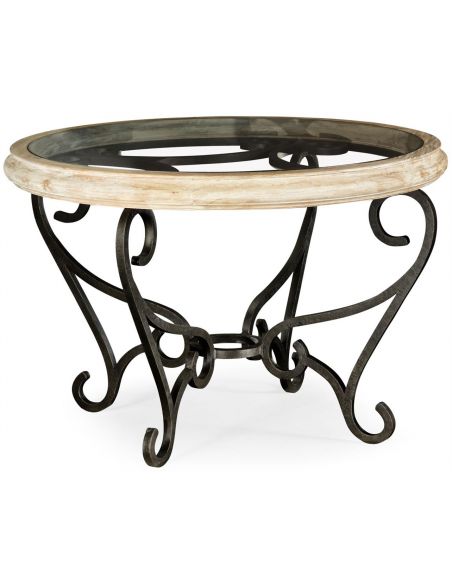 Decorative glass top table with wrought iron base
