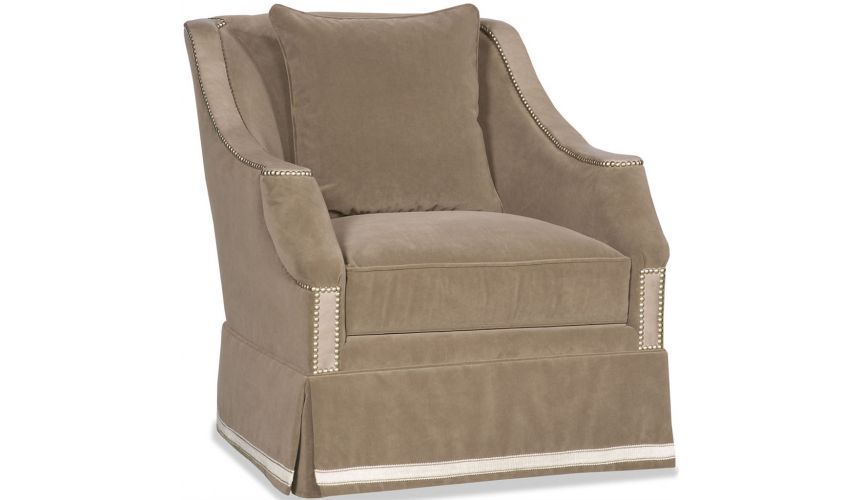 Luxury Leather & Upholstered Furniture Upholstered Club Swivel Chair with Nail Head Trims