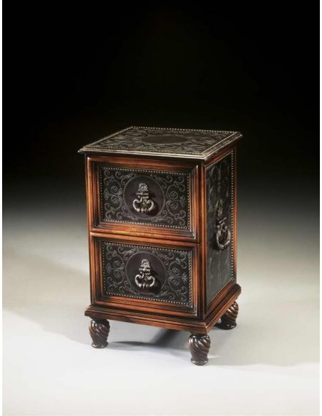 Renaissance Revival walnut & brass engraved panel bedside chest