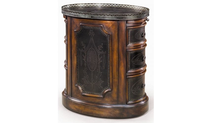 Round & Oval Side Tables Victorian walnut & brass engraved panel oval pedestal chest of drawers