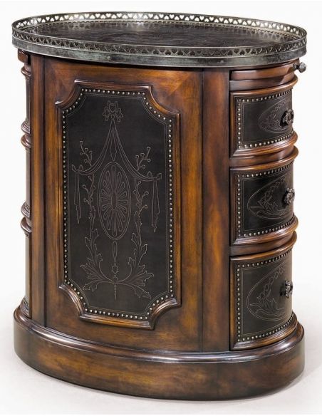 Victorian walnut & brass engraved panel oval pedestal chest of drawers