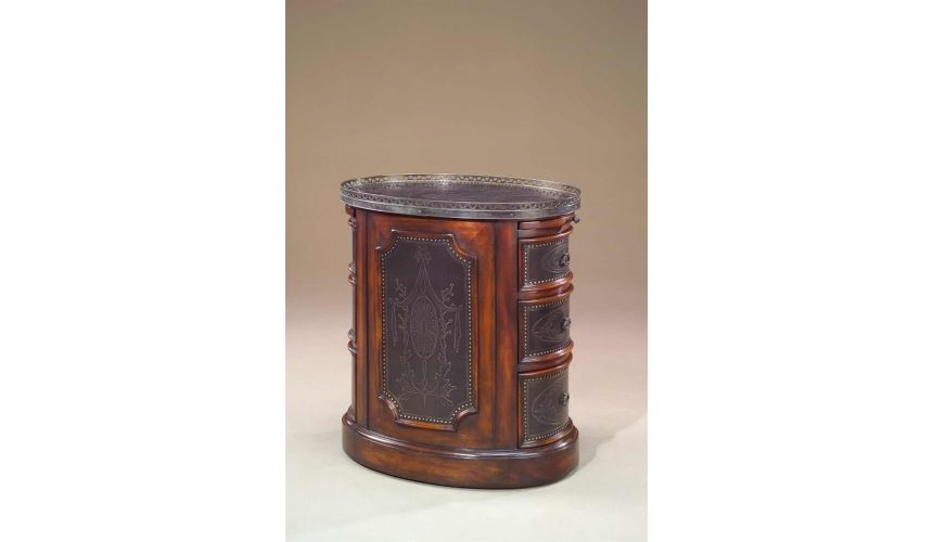 Round & Oval Side Tables Victorian walnut & brass engraved panel oval pedestal chest of drawers