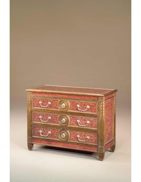 Venetian carved giltwood & painted verre eglomise red decoupage chest of drawers