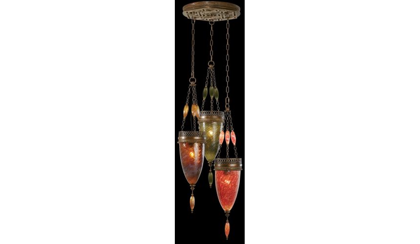 Lighting Pendant of meticulously crafted metalwork, Oasis Green, Amber Dunes and Sunset Red colors