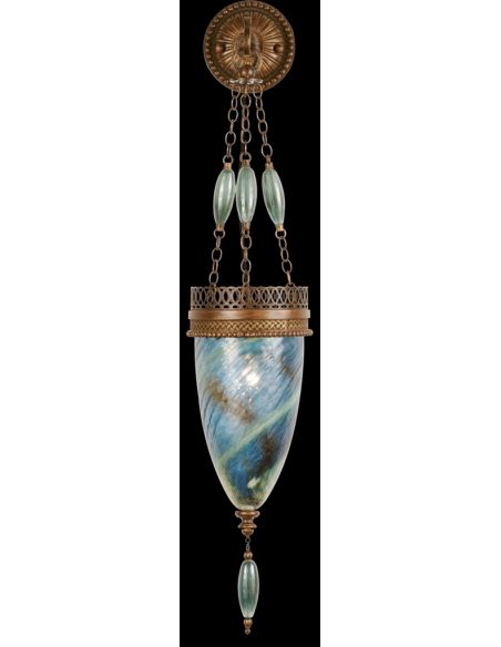 Sconce of meticulously crafted metalwork, vibrant Desert Sky Blue color