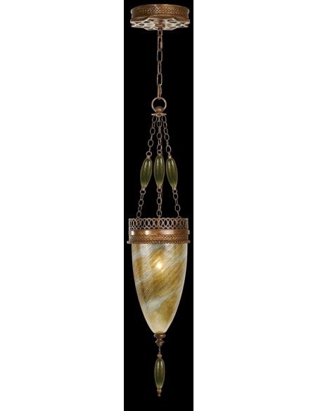 Pendant of meticulously crafted metalwork, glass in vibrant Oasis Green