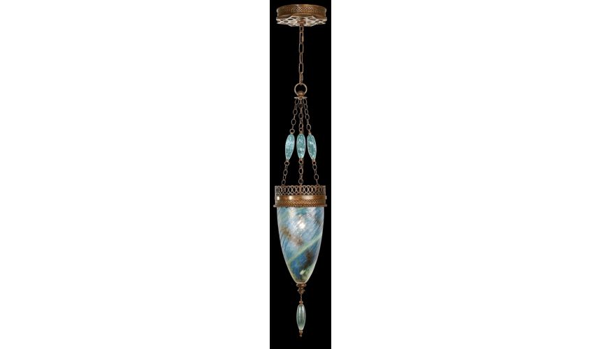 Lighting Pendant of meticulously crafted metalwork, glass in vibrant Desert Sky Blue color