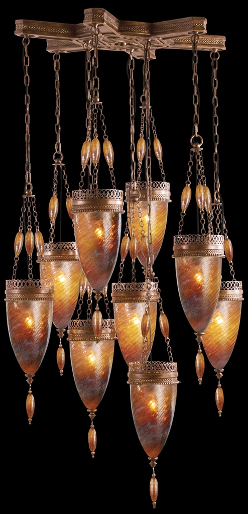 Lighting Pendant of meticulously crafted metalwork, Hand-blown glass in vibrant Amber Dunes glass color