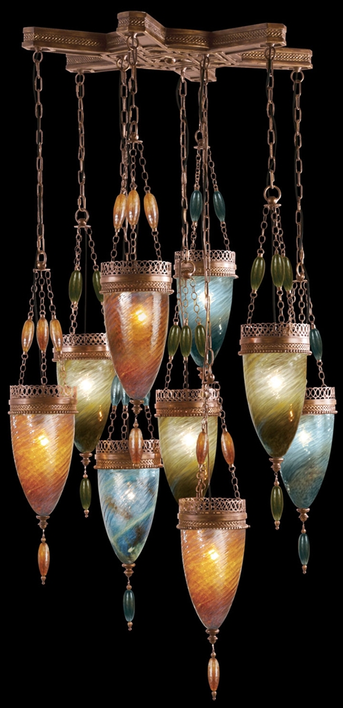 Lighting Pendant of meticulously crafted metalwork, Hand-blown glass in vibrant Oasis Green, Amber Dunes