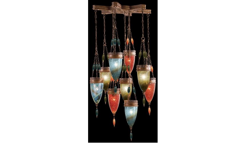 Lighting Pendant of meticulously crafted metalwork, Hand-blown glass in vibrant colors