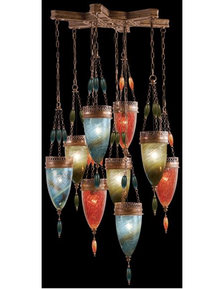 Pendant of meticulously crafted metalwork, Hand-blown glass in vibrant colors