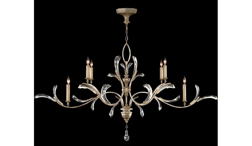 Lighting Oblong chandelier in a warm muted silver leaf finish