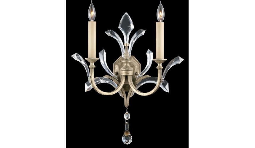 Lighting Sconce in warm muted silver leaf finish. Features beveled crystal accents