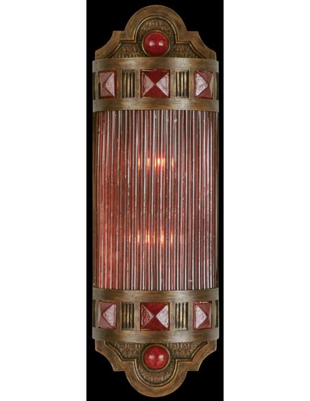 Petite sconce of meticulously crafted metalwork, glass in vibrant Sunset Red color