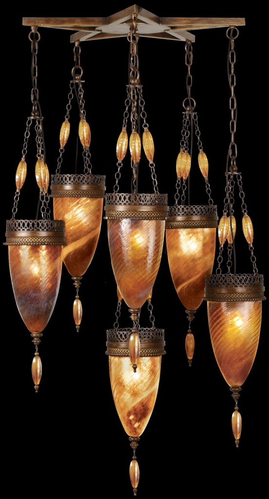 Lighting Pendant of meticulously crafted metalwork, glass in vibrant Amber Dunes color
