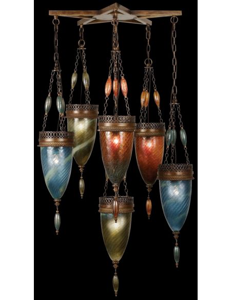 Pendant of meticulously crafted metalwork in an aged dark bronze finish. Hand-blown glass